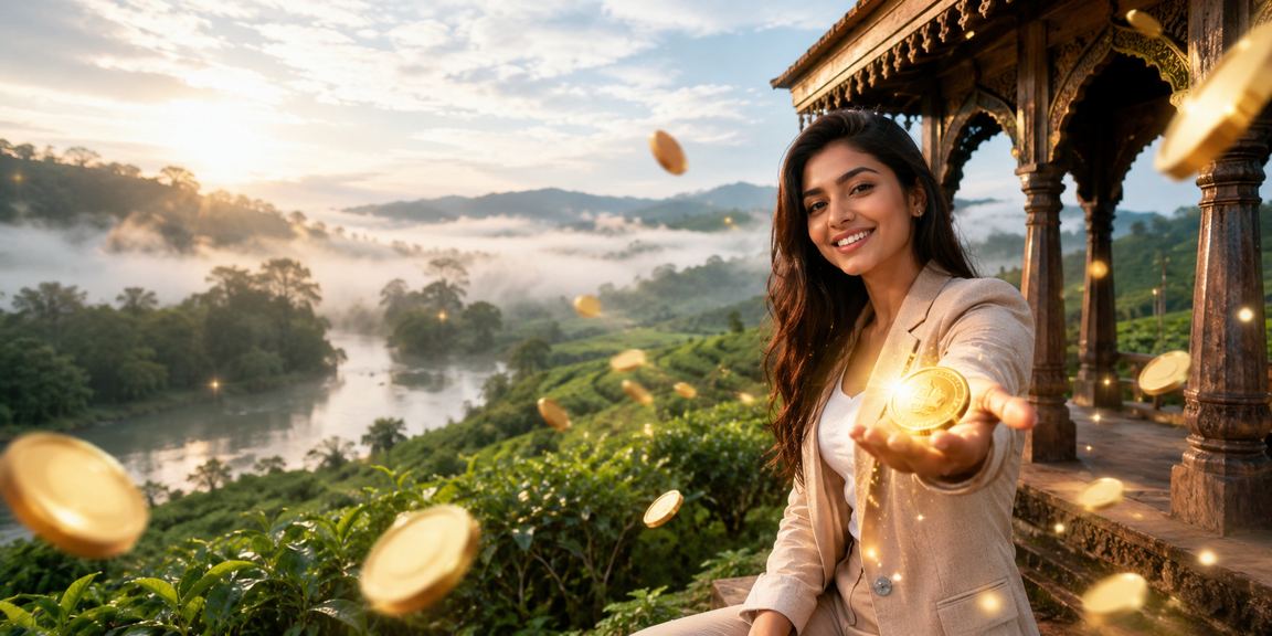সিলেটের চা বাগানের পটভূমিতে Android ফোনে 71bd অ্যাপ ইনস্টল করছেন একজন ব্যবহারকারী